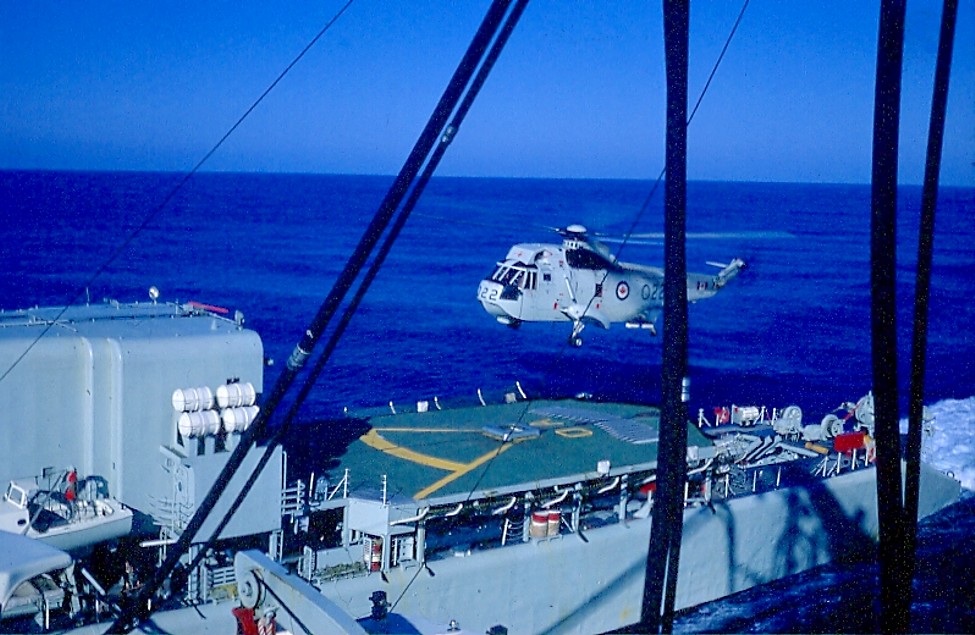 Royal Canadian Navy : Grocieries being transfered by helicopter.