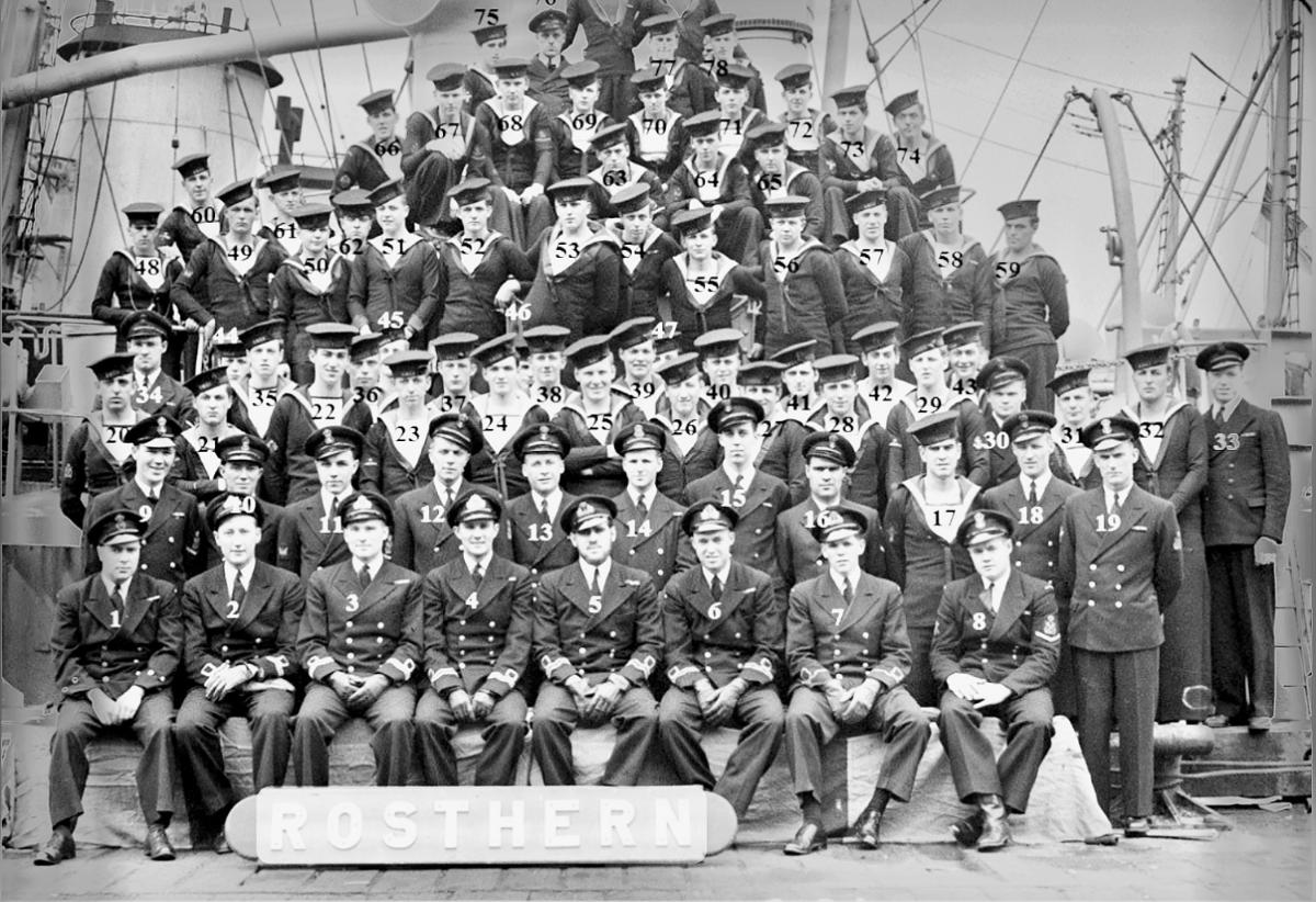 Numbered version of photo: HMCS Rosthern, 1944. DND official photo #PA-142396.