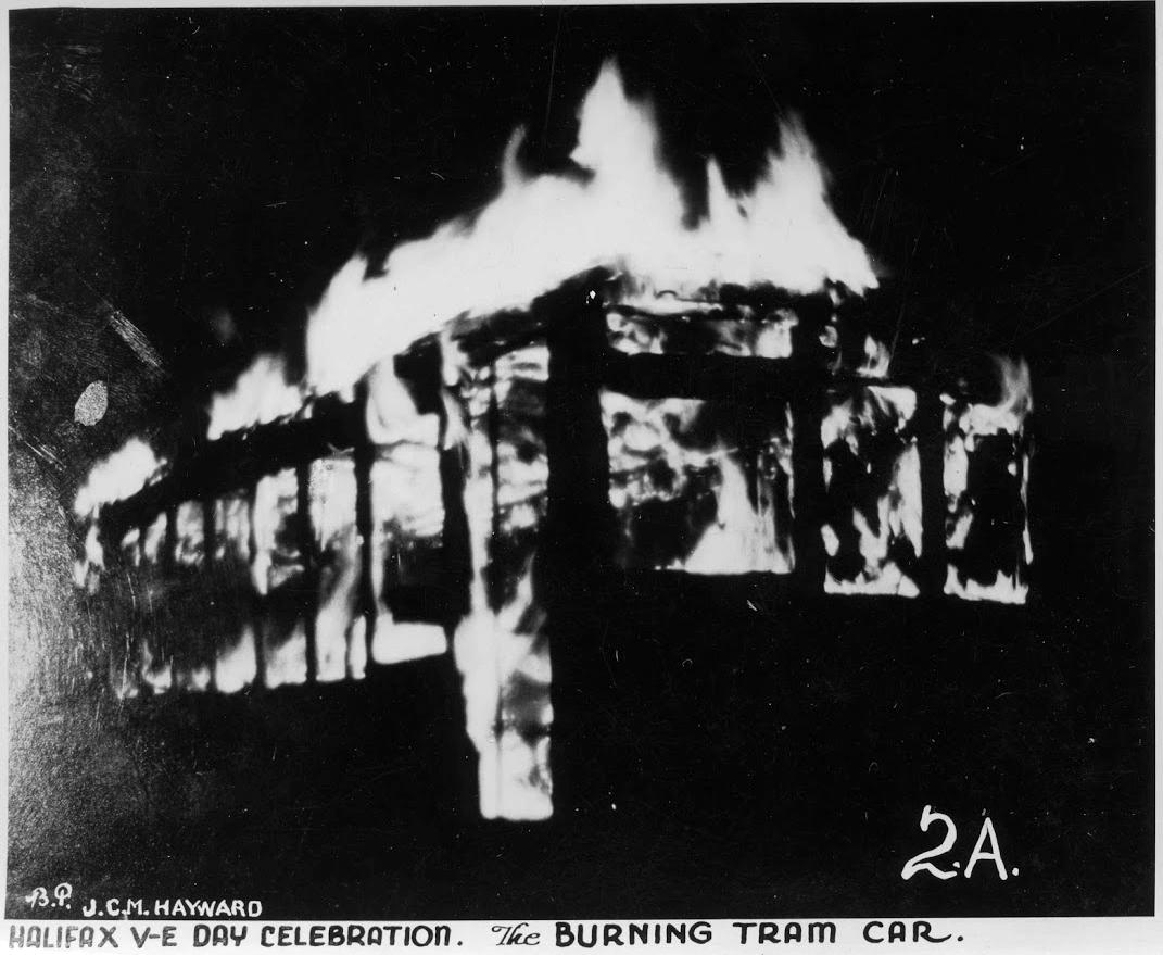 Burning tram car.