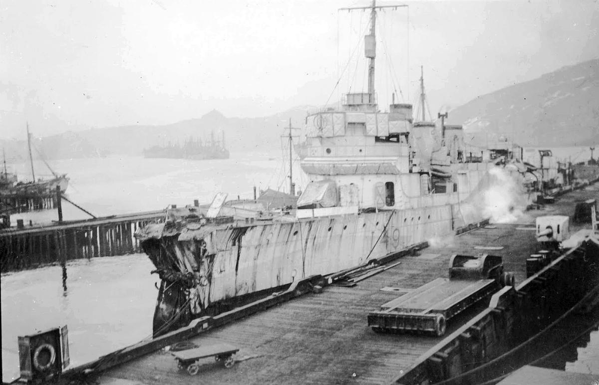 HMCS Columbia with heavy damage.