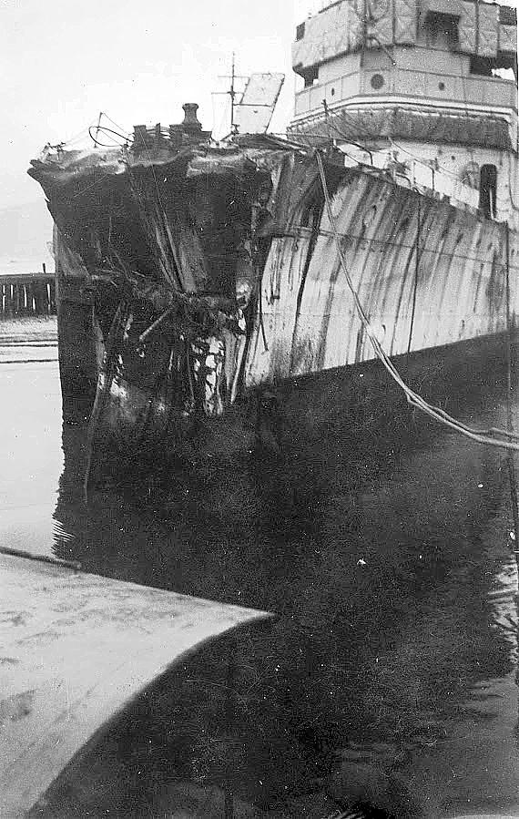 HMCS Columbia with heavy damage.