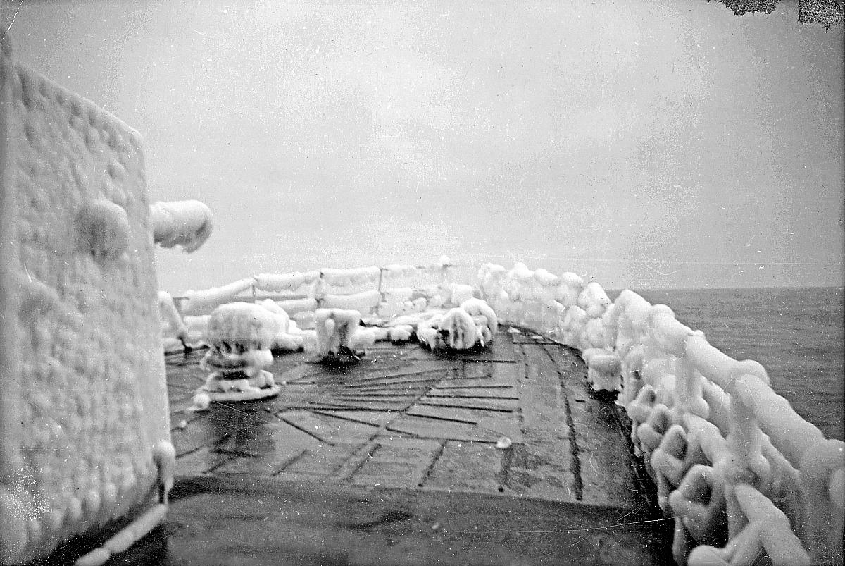 HMCS Skeena with winter ice on foc'sle