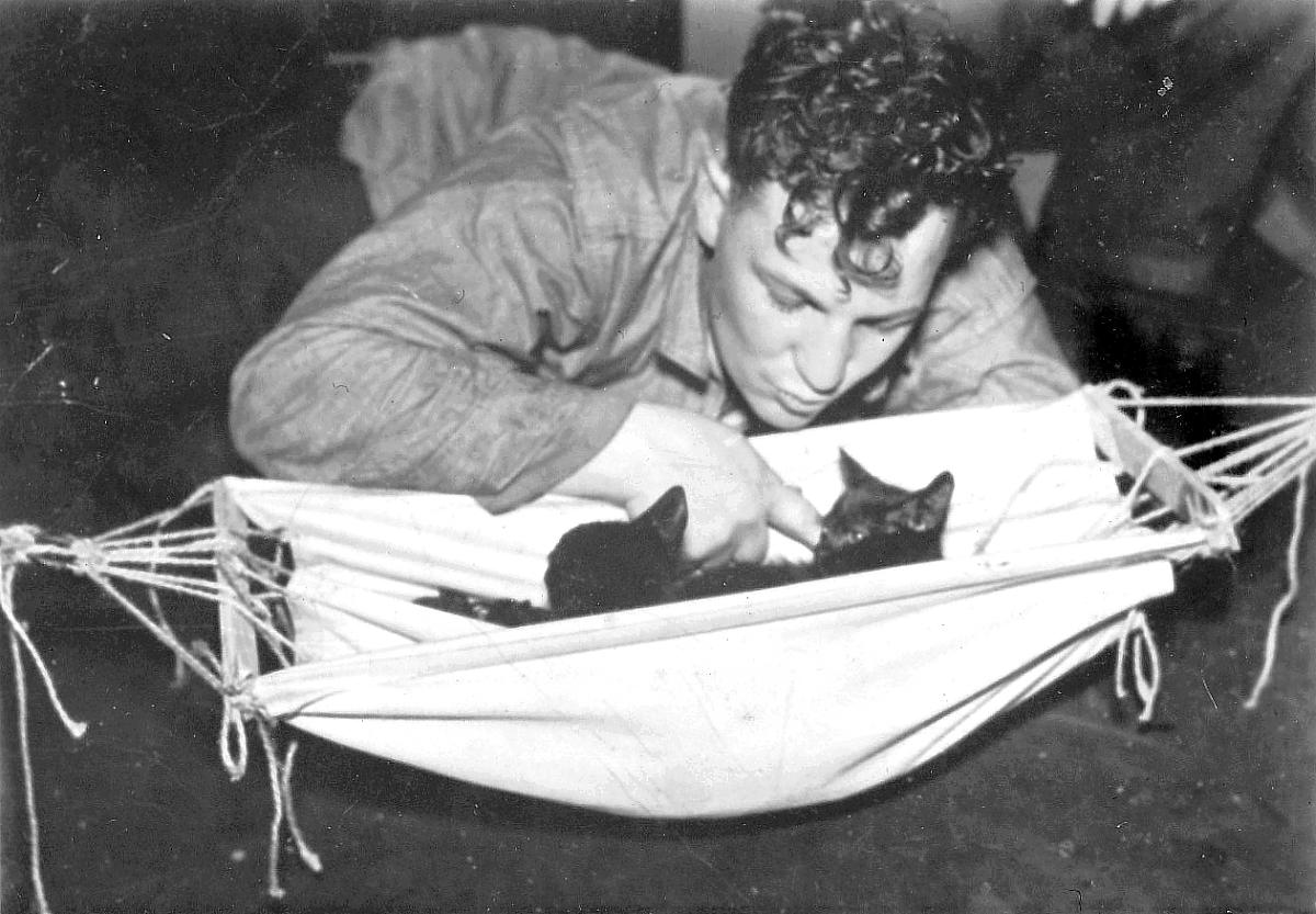 Unidentified sailor with kittens on board ship.