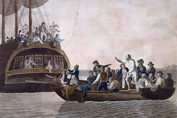 Vintage engraving of William Bligh & crew being set adrift by mutineers